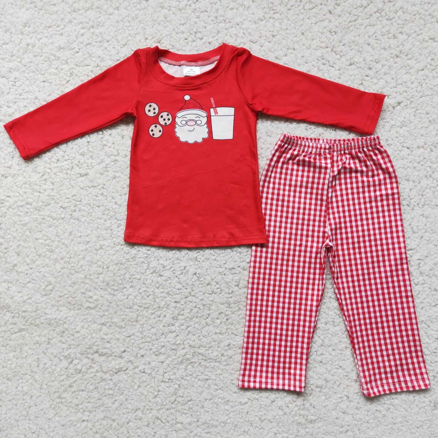 Red long sleeve santa shirt plaid pants boy Christmas clothing