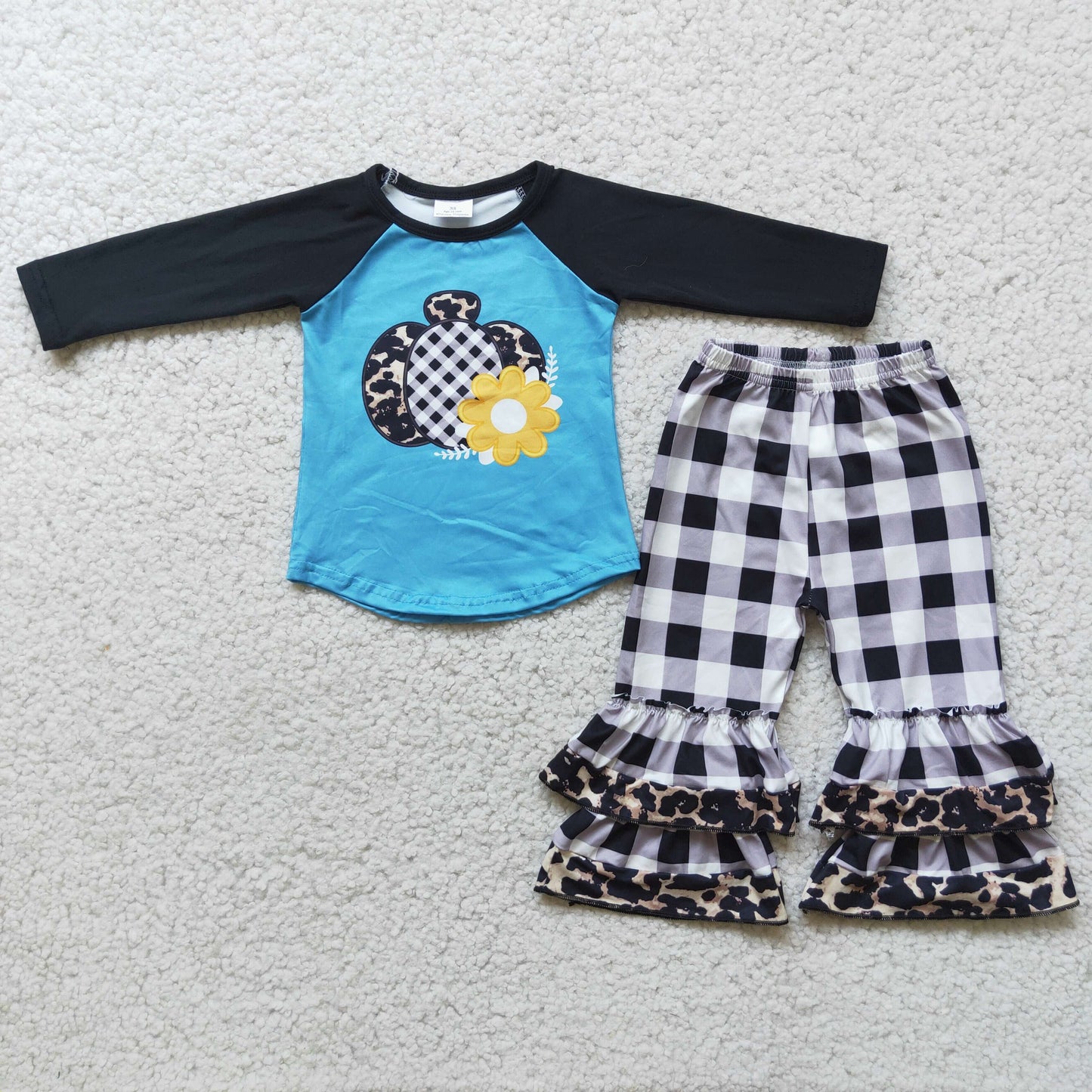 Floral pumpkin print plaid ruffle pants girls fall set