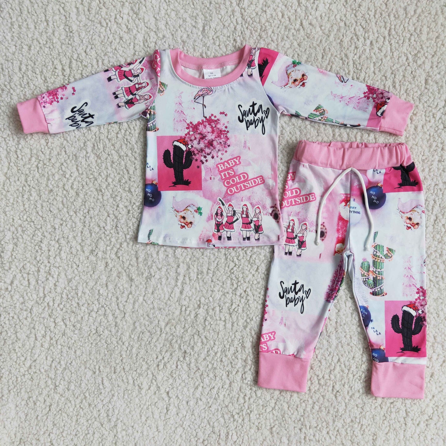 Santa baby cactus print girls pink Christmas pajamas