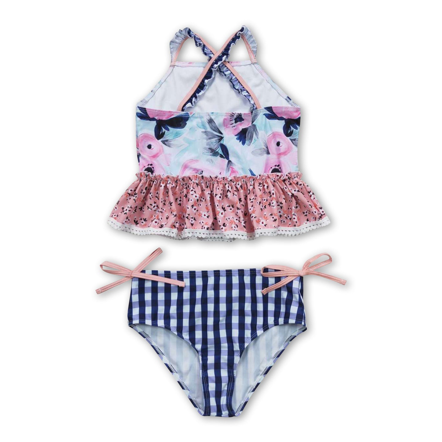 Floral navy plaid 2 pcs kids girls swimsuit