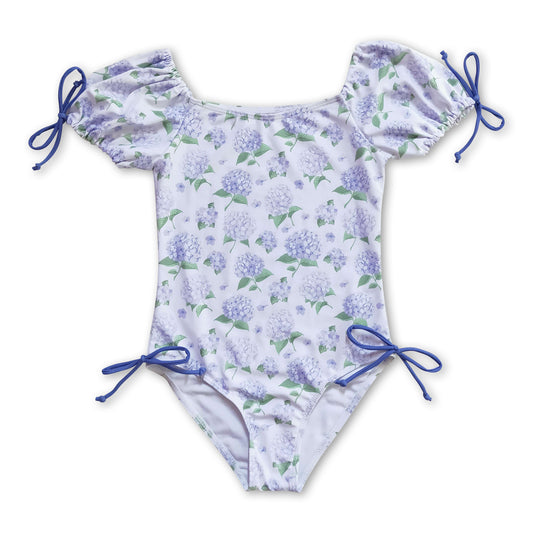 Short sleeves lavender floral one piece girls swimsuit