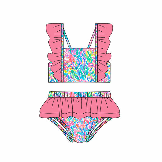 Flutter sleeves ruffle watercolor seaweed girls summer swimsuit