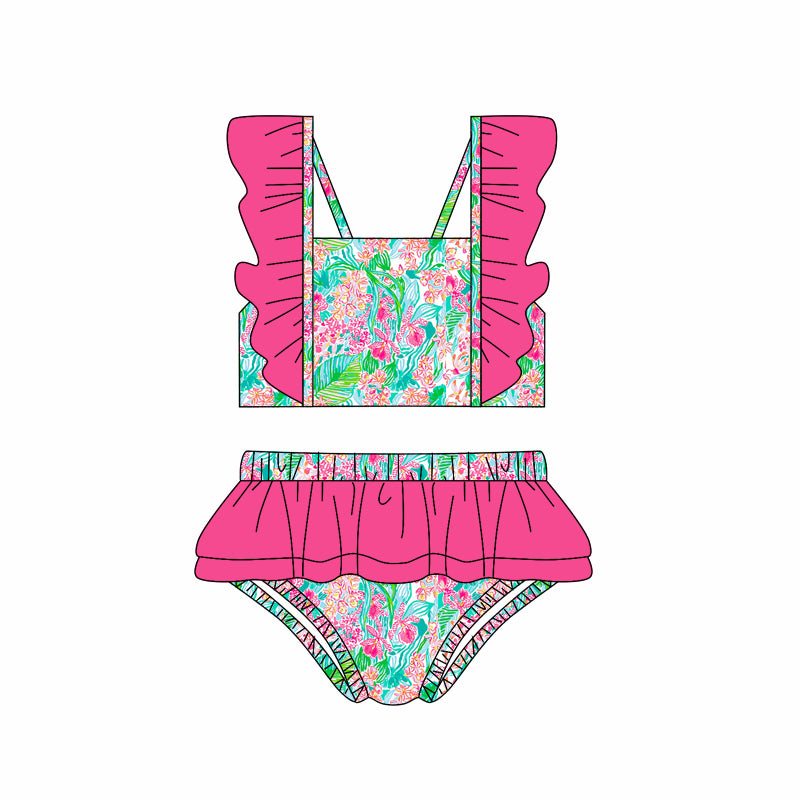 Hot pink ruffle watercolor floral girls summer swimsuit