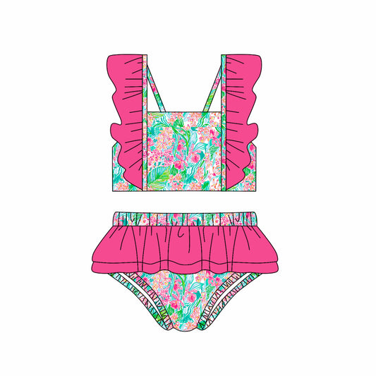 Hot pink ruffle watercolor floral girls summer swimsuit