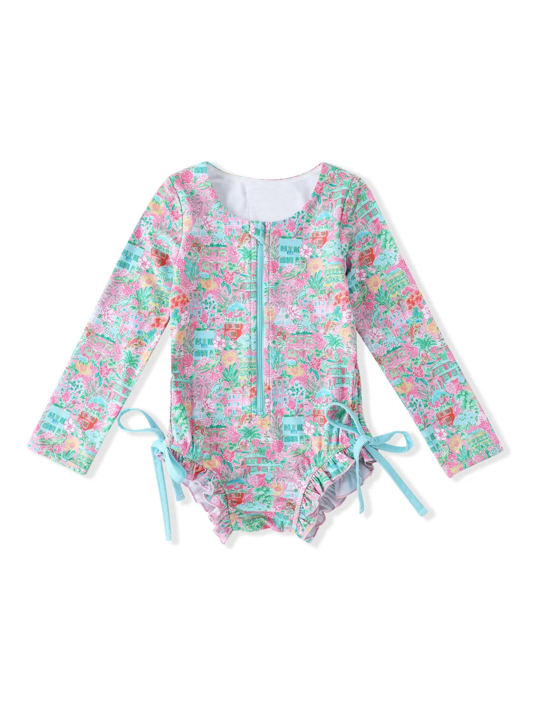 Long sleeves watercolor floral kids girls summer swimsuit