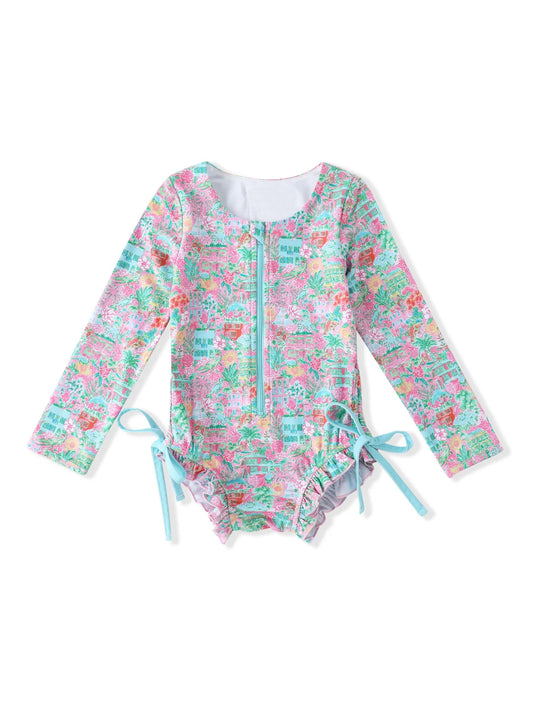 Long sleeves watercolor floral kids girls summer swimsuit