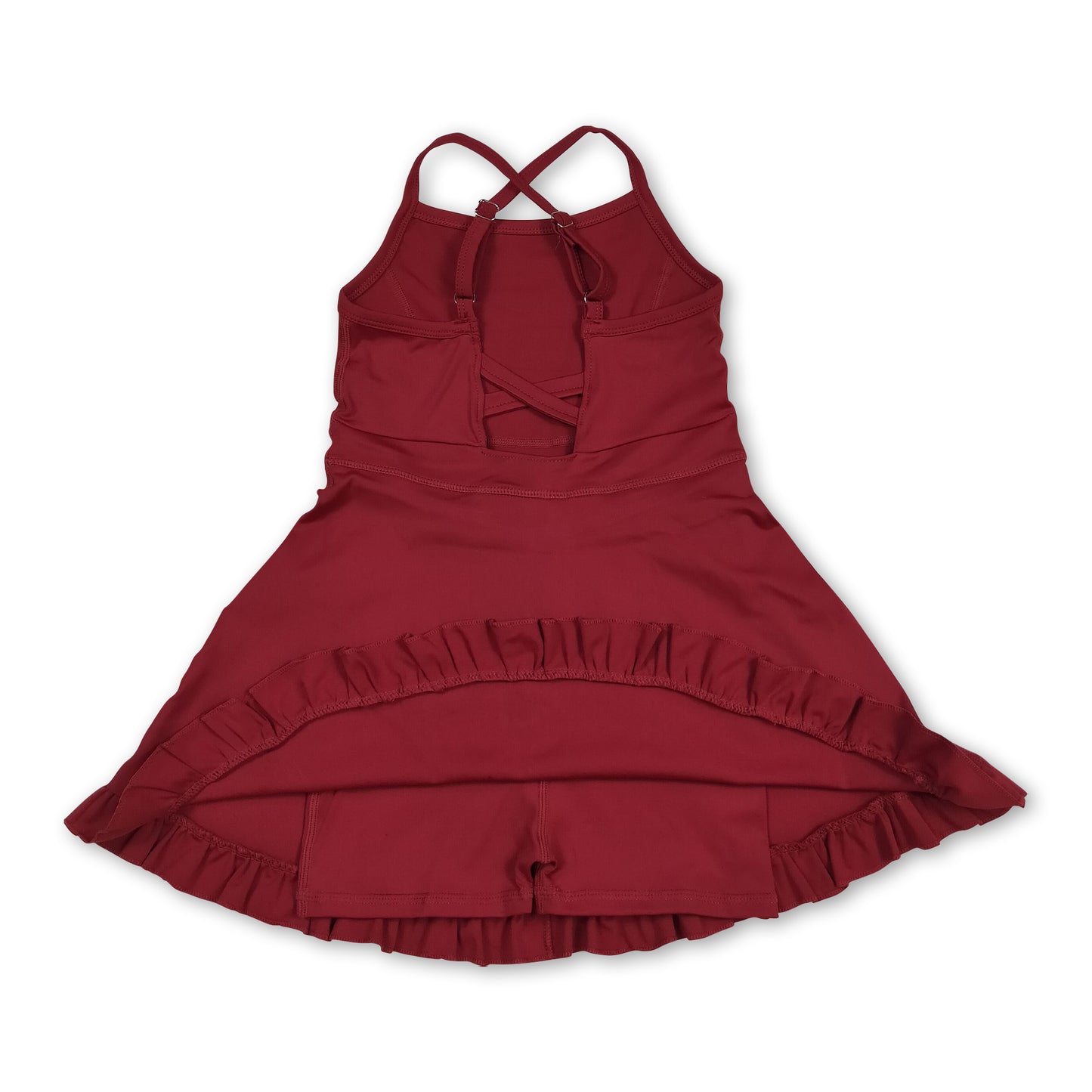 Maroon straps ruffle kids girls athletic dresses