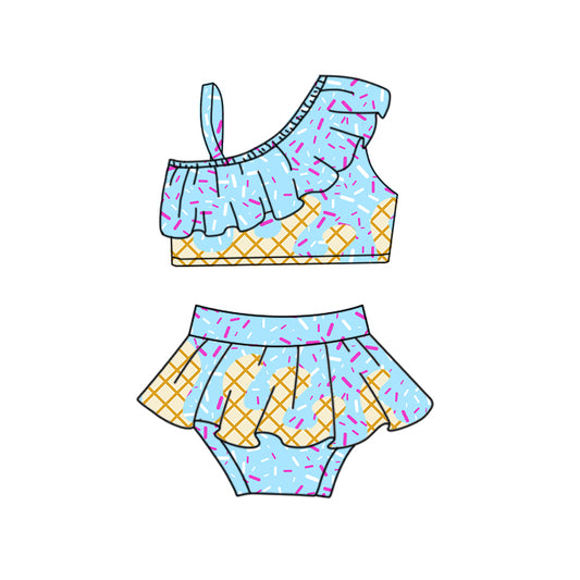 Light blue ice cream sprinkle ruffle girls summer swimsuit