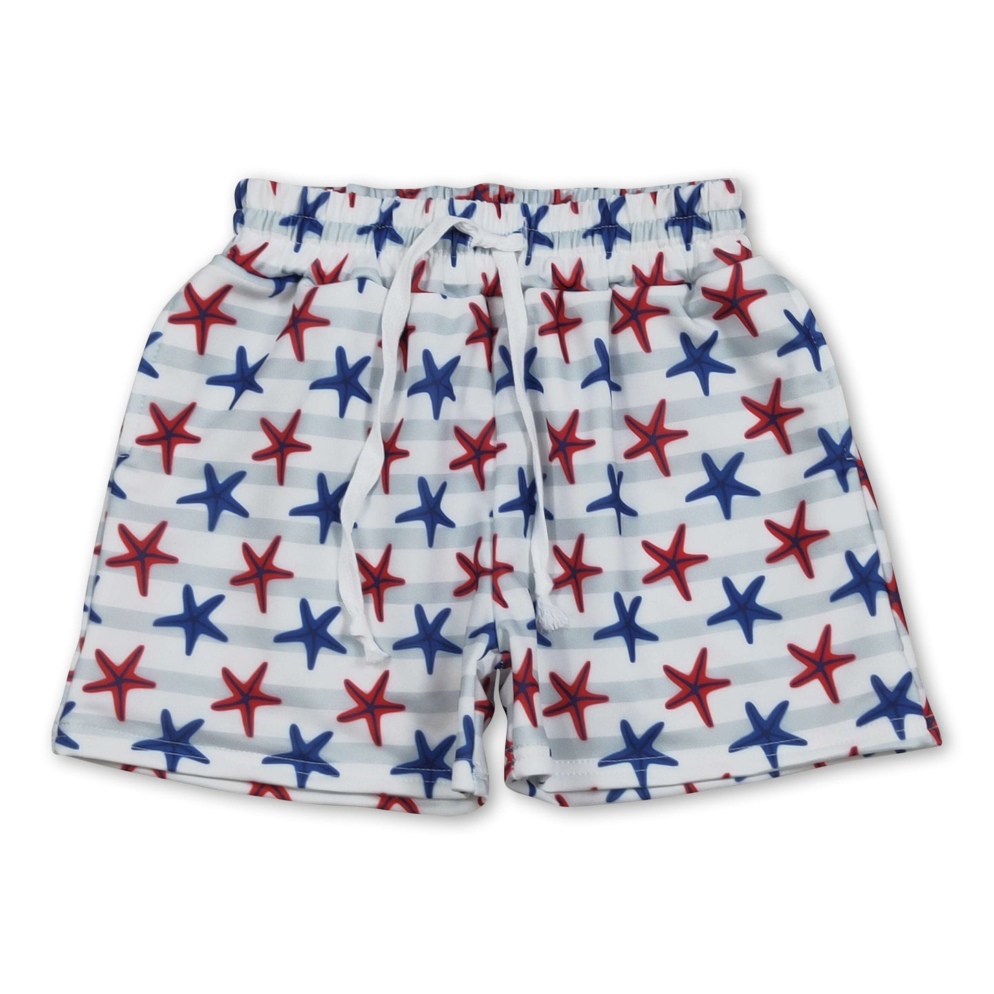 Red blue starfish stripe kids boys 4th of july swim trunks