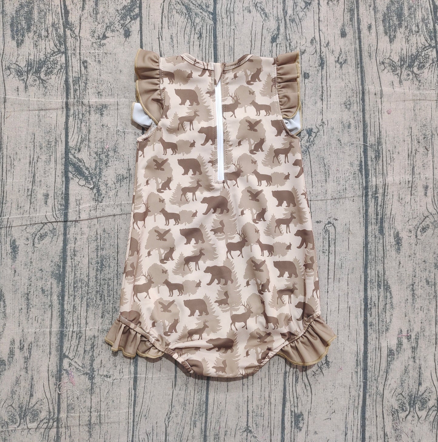 Ruffle deer duck dog bear hunting baby girls swimsuit