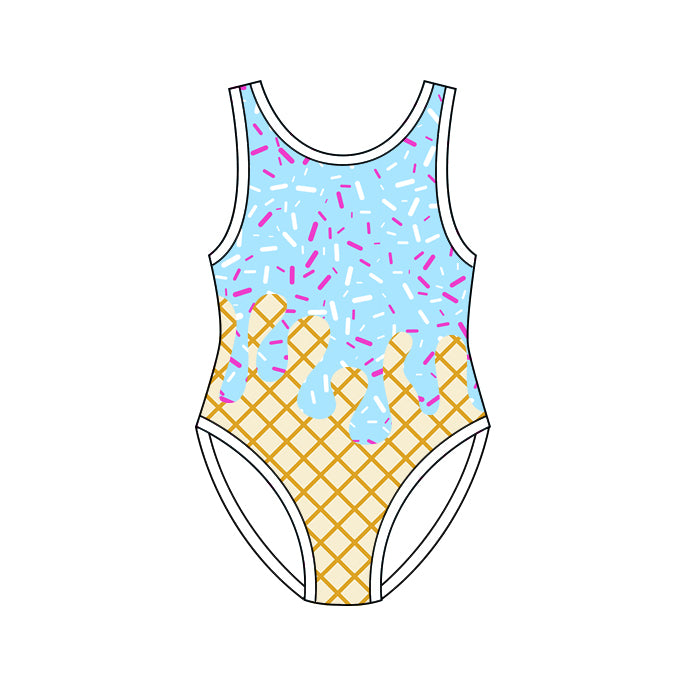 Sleeveless light blue ice cream sprinkle girls one piece swimsuit