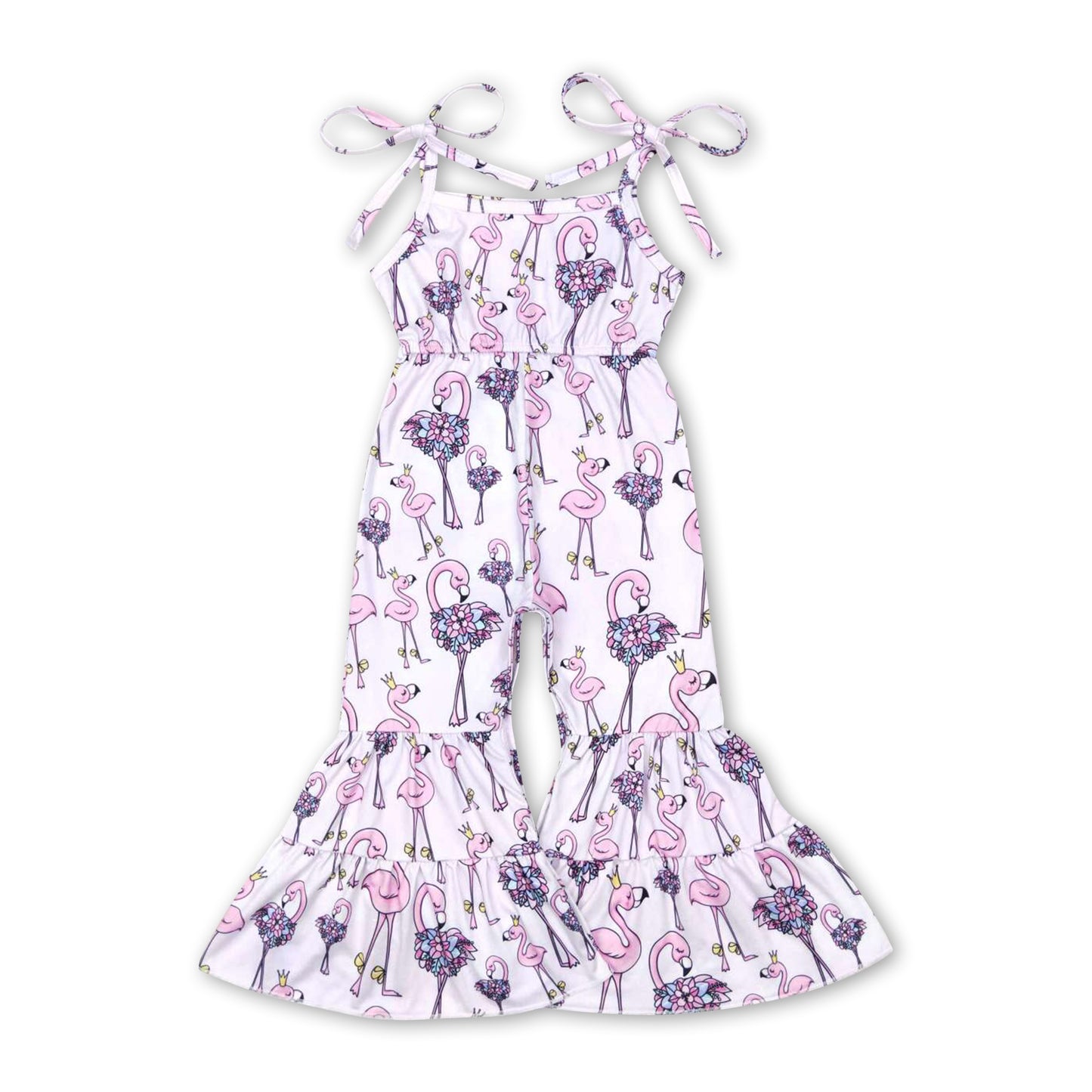 Pink suspender flamingo baby girls bell bottom jumpsuit