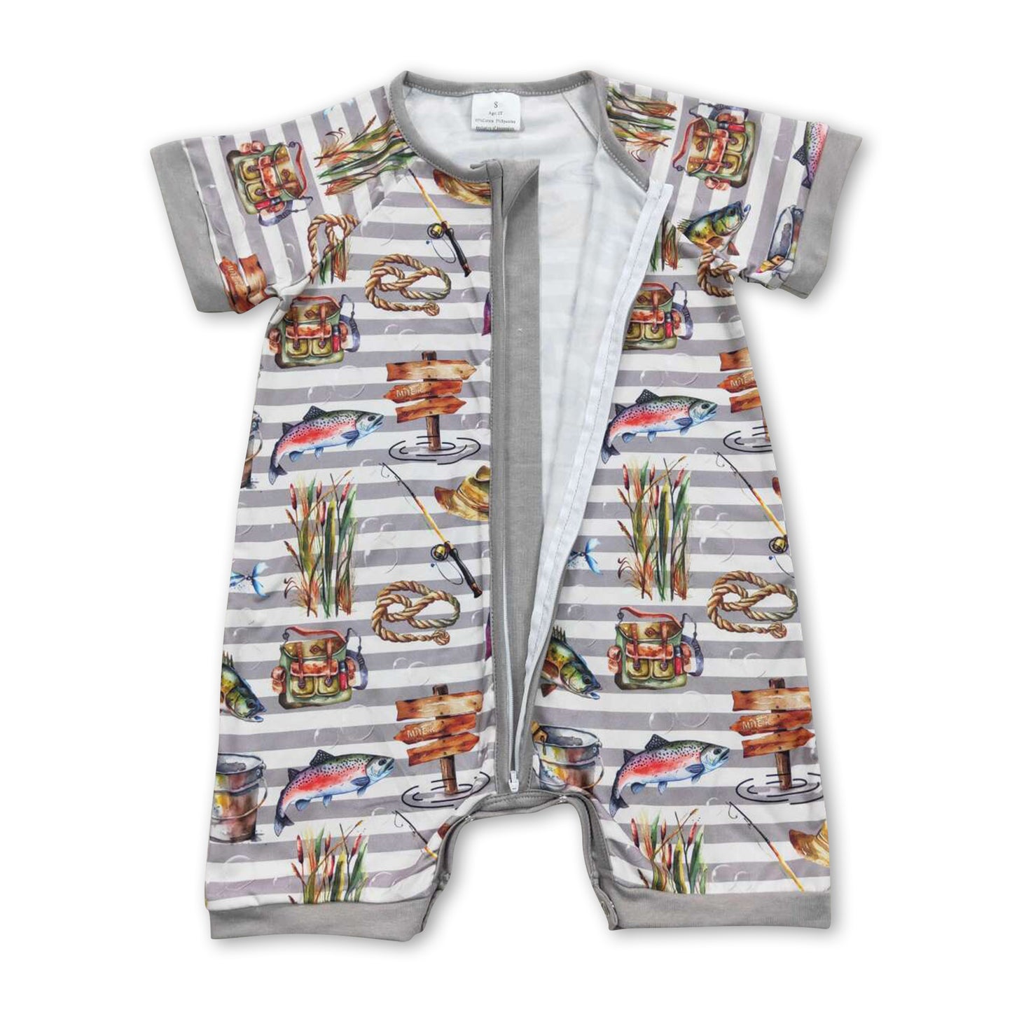 Short sleeves stripe fishing baby boys zipper romper ship from US