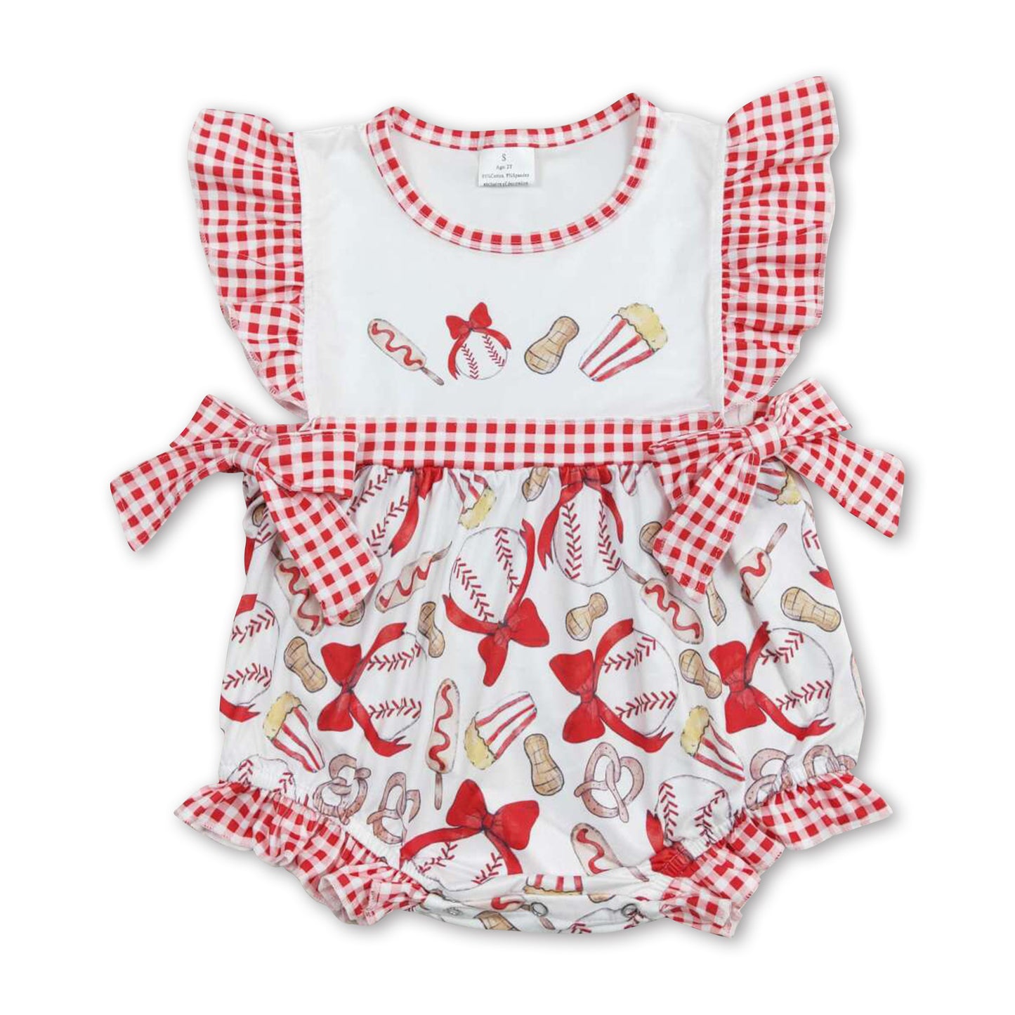 Red plaid flutter sleeves baseball baby girls romper ship from US
