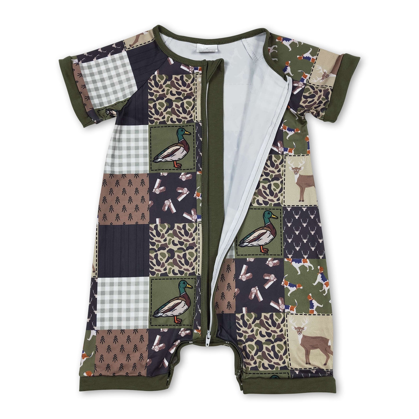 Olive duck dog deer patchwork baby boy romper ship from US