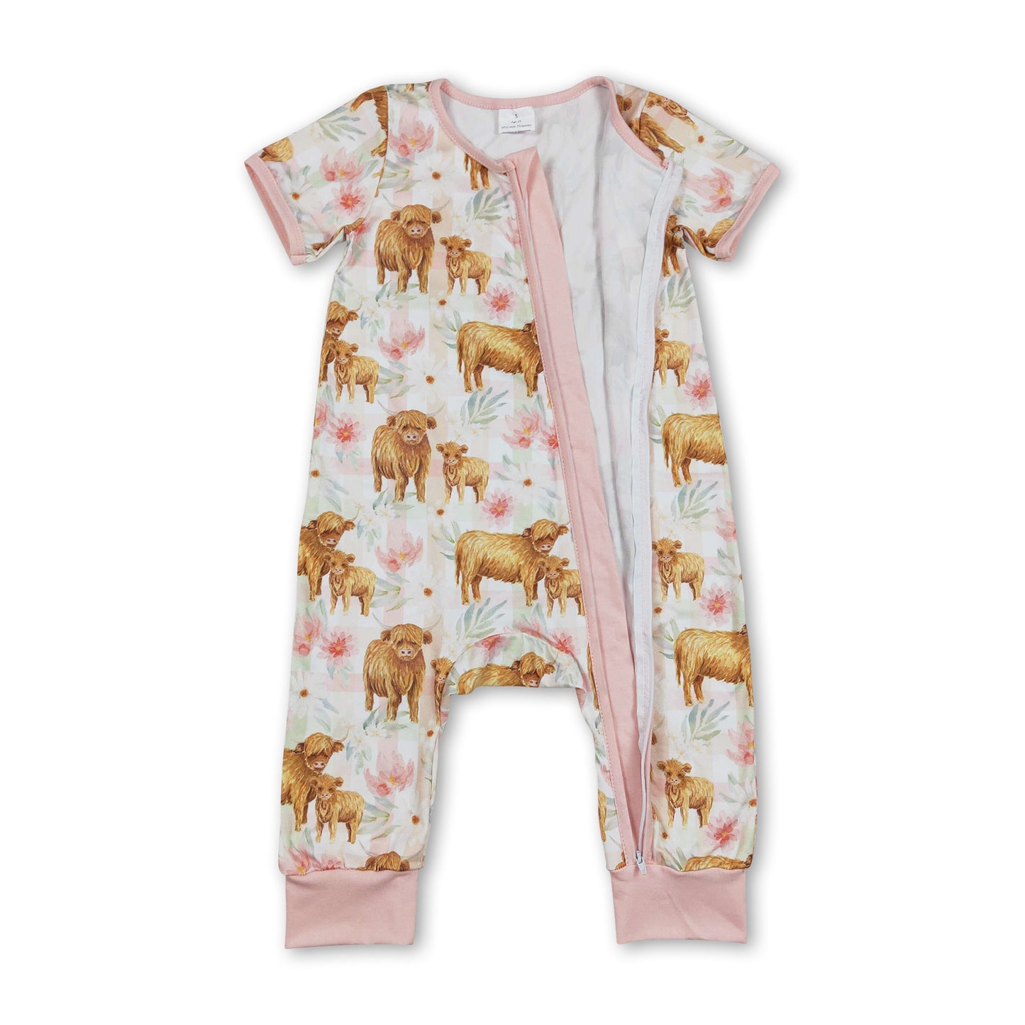 Short sleeves highland cow floral baby girls zipper romper ship from US
