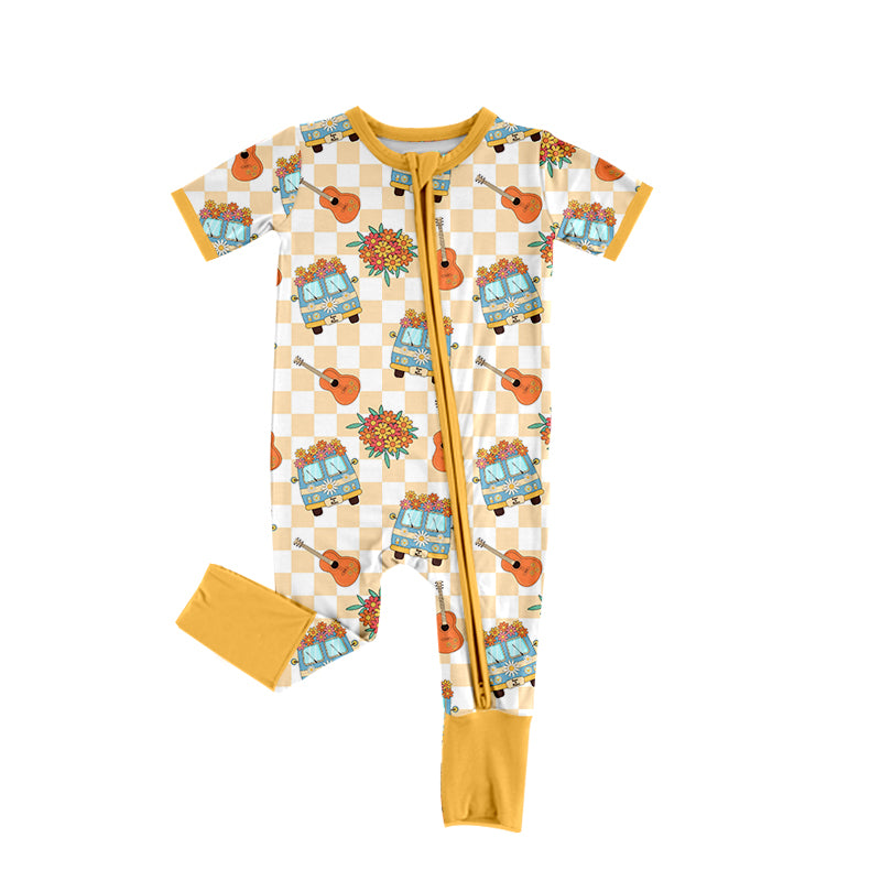 Yellow floral plaid guitar baby girls zipper romper