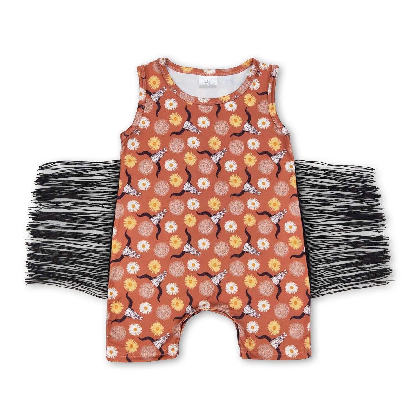 Sleeveless bull skull floral tassels baby girls romper