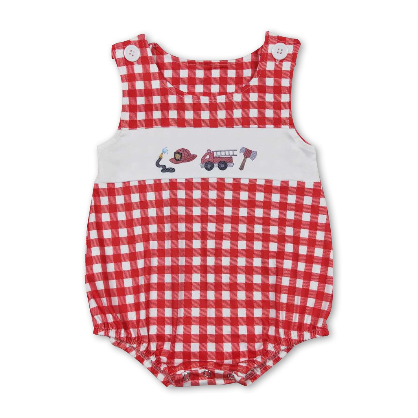 Sleeveless red plaid fire truck baby boys summer romper