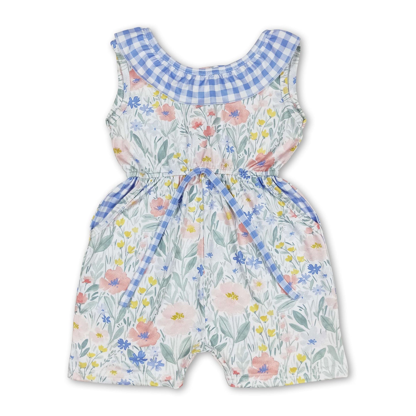 Blue plaid floral pockets baby girls jumpsuit