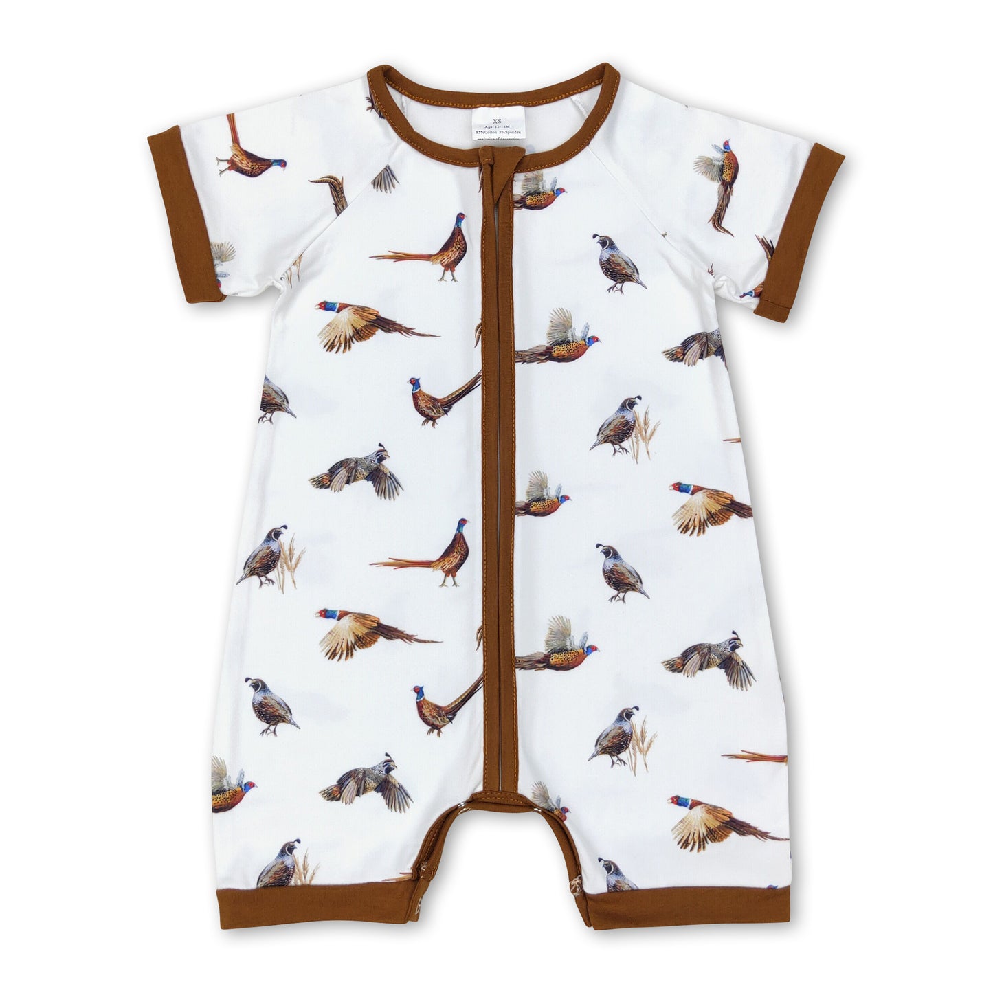 Short sleeves brown pheasant baby boys zip romper