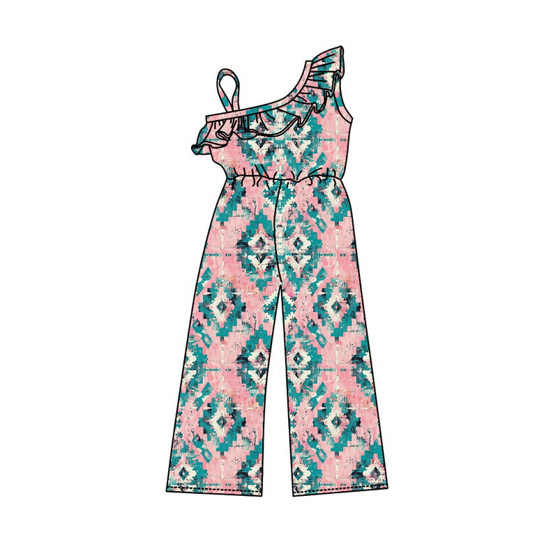 One shoulder pink aztec girls western jumpsuit