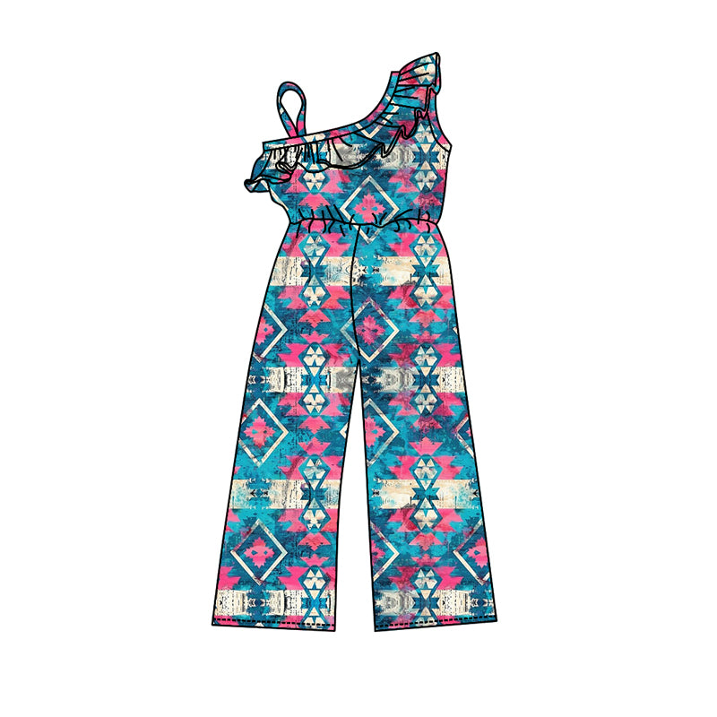 One shoulder turquoise aztec girls western jumpsuit