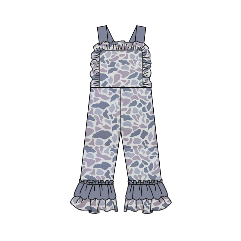 Ruffle straps grey camo baby girls hunting overalls
