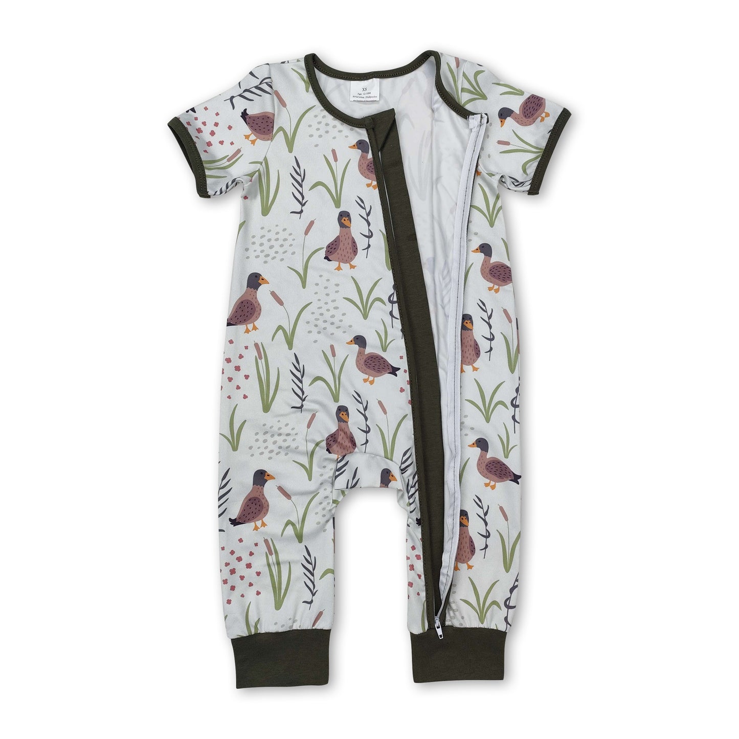Short sleeves duck grass baby boy zipper romper