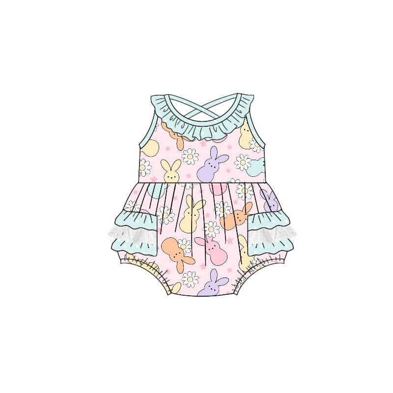 Sleeveless floral bunny baby girls ruffle Easter romper