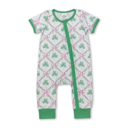 Shamrock pink bow baby girls St Patrick's zipper romper