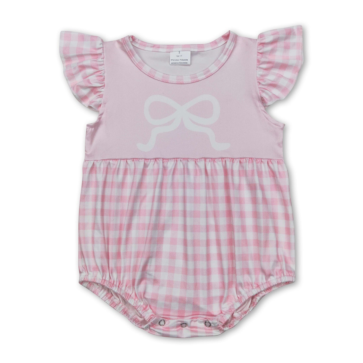Pink flutter sleeves plaid bow baby girls romper