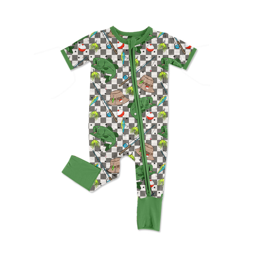 Green short sleeves plaid fishing baby boys zipper romper