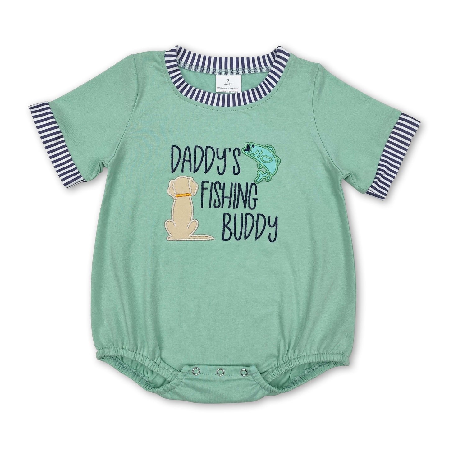 Green short sleeves daddy's fishing buddy baby boy romper