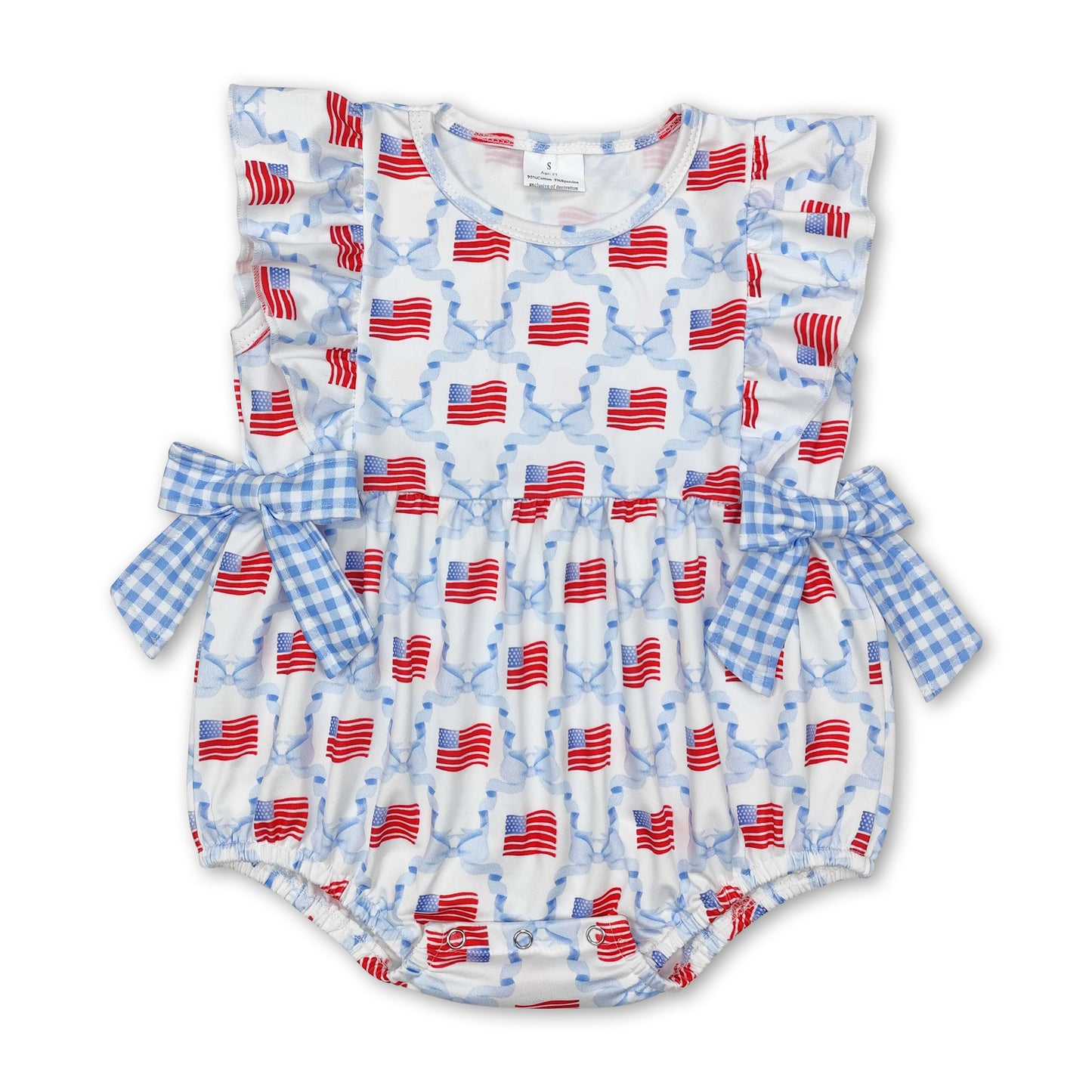 Plaid light blue bow flag baby girls 4th of july romper
