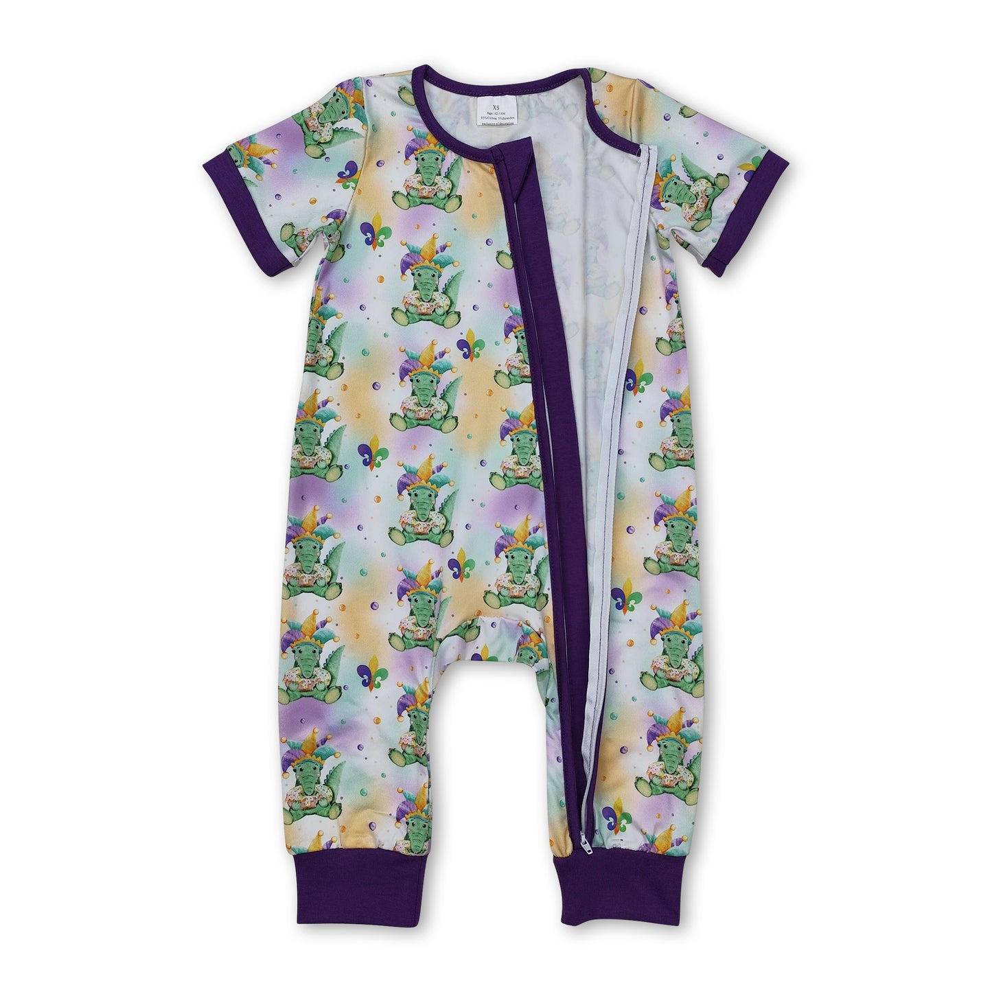 Short sleeves alligator baby kids Mardi Gras zipper romper
