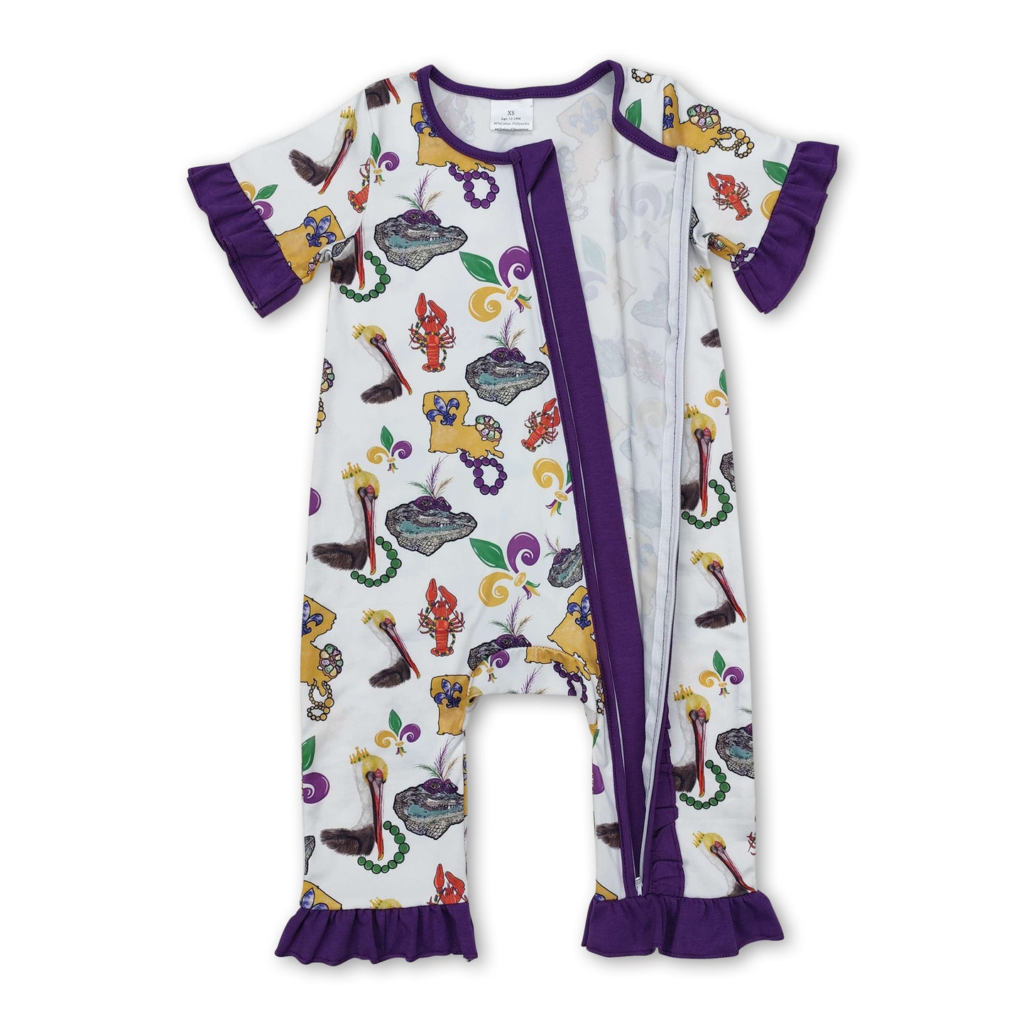 Purple ruffle pelican baby Mardi Gras zipper romper