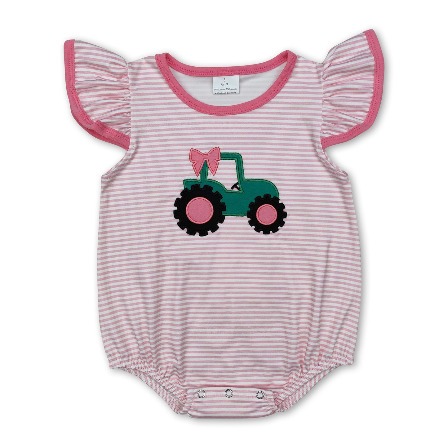Flutter sleeves pink stripe tractor baby girl romper ship from US