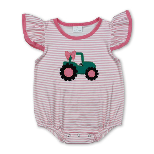 Flutter sleeves pink stripe tractor baby girl romper ship from US