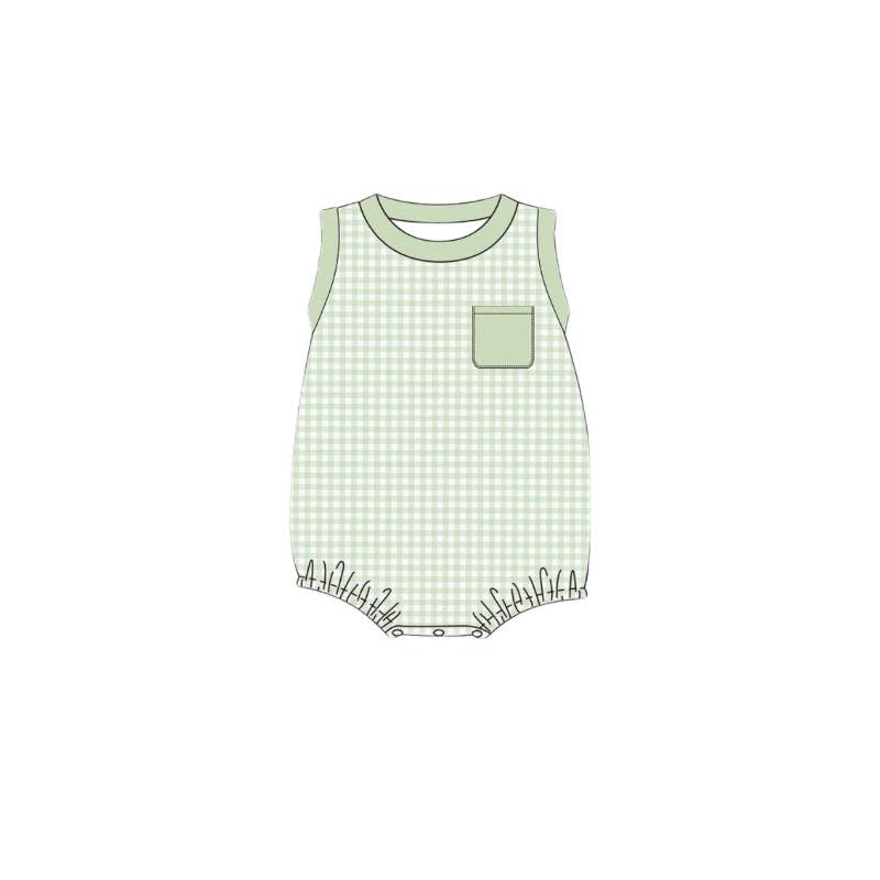Sleeveless mint plaid pocket baby boy romper