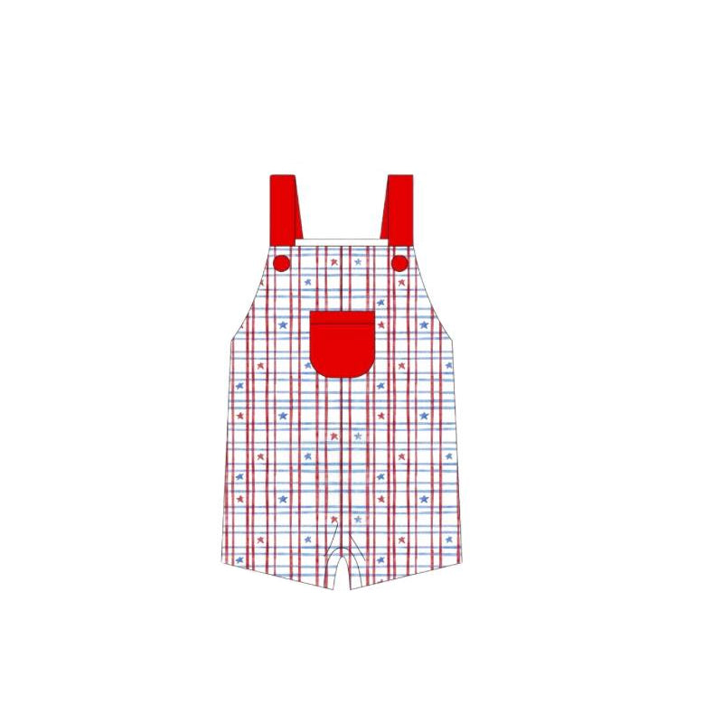 Red straps pocket stars baby boy 4th of july romper