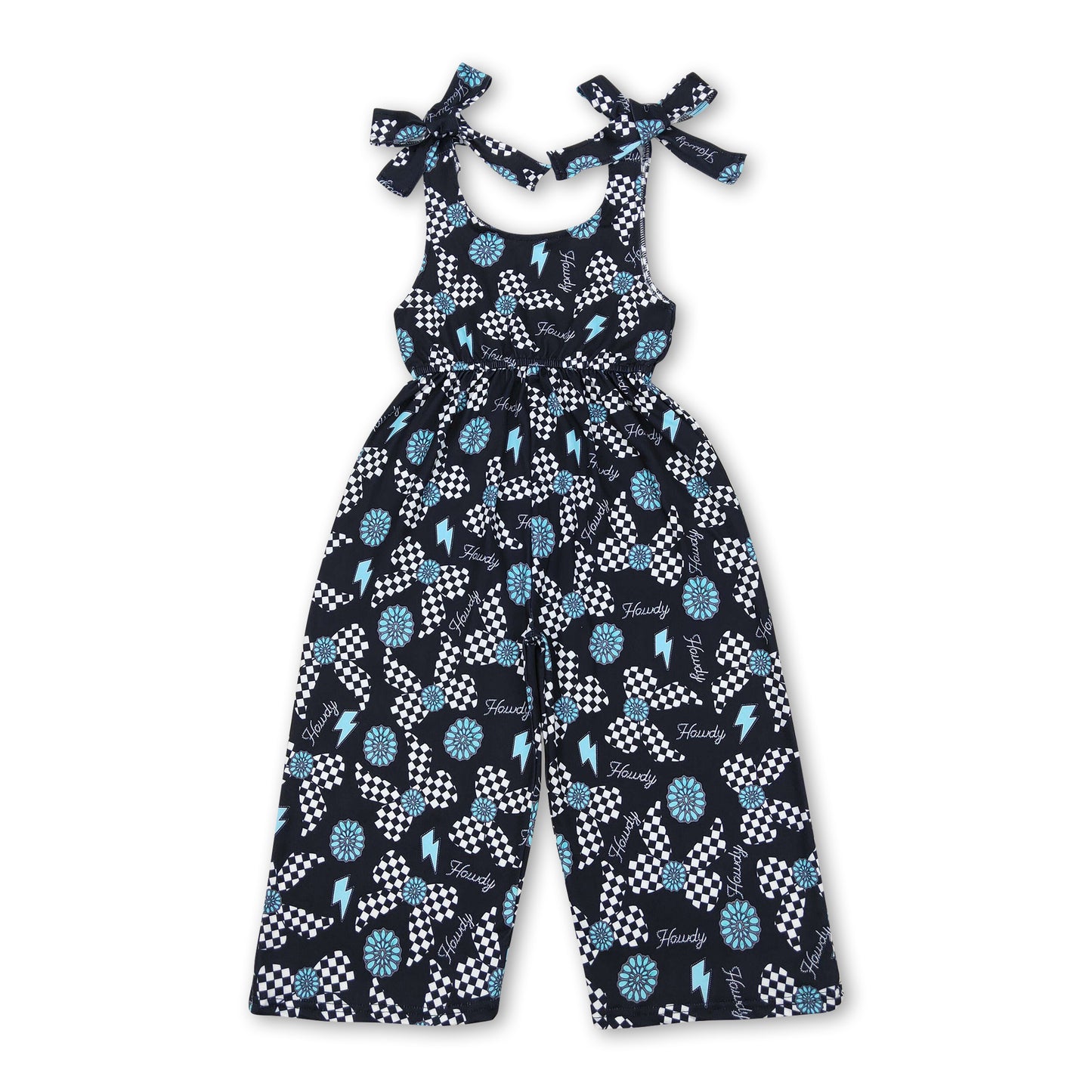Straps turquoise bow howdy western girls jumpsuit