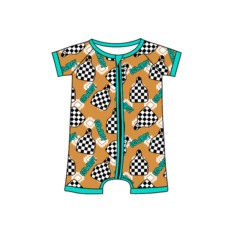 Short sleeves cowboy plaid tag baby boy zipper romper