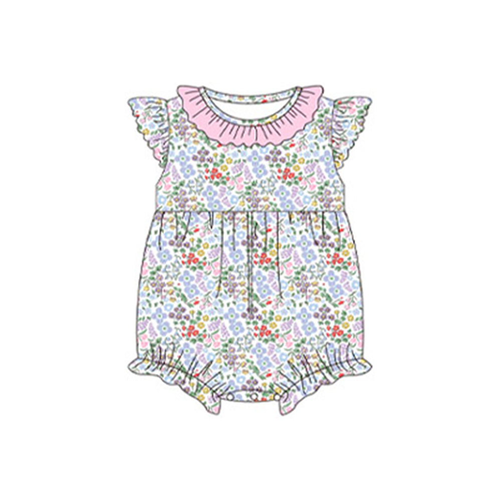Pink ruffle flutter sleeves floral baby girls romper