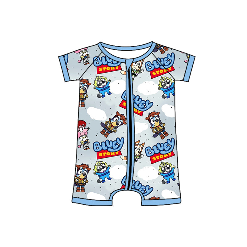 Short sleeves blue dog story baby boy zipper romper