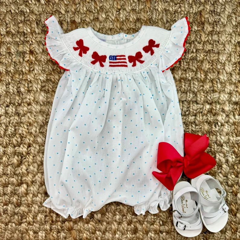 Flag bow polka dots baby girls 4th of july romper
