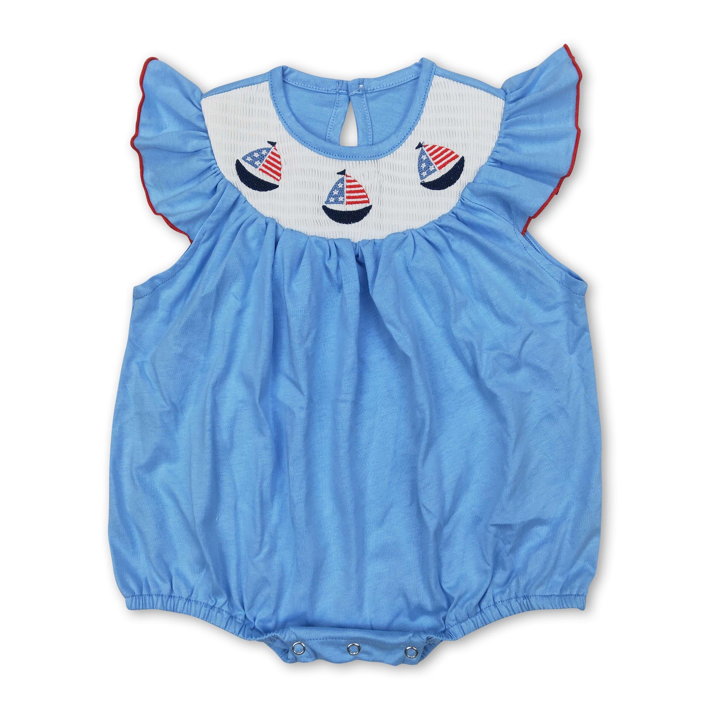 Light blue boat smocked baby girls 4th of july romper