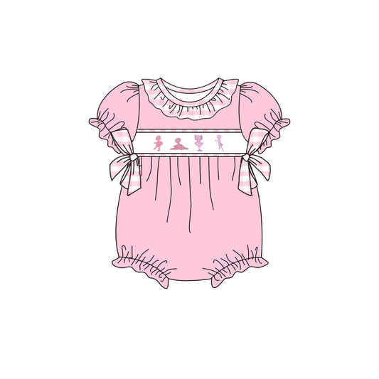 Pink short sleeves dance plaid bow baby girls romper