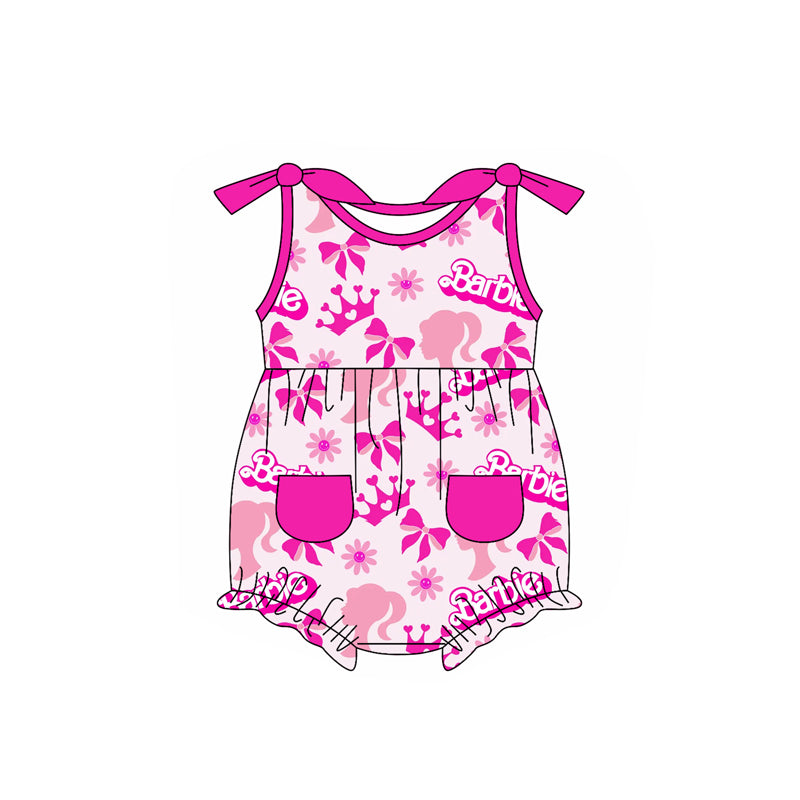 Sleeveless hot pink floral bow party baby girls romper