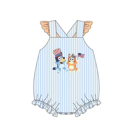 Yellow flutter sleeves dog flag girls 4th of july romper